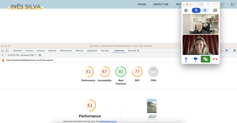 Pair programming session with Chris running lighthouse to check my website performace.