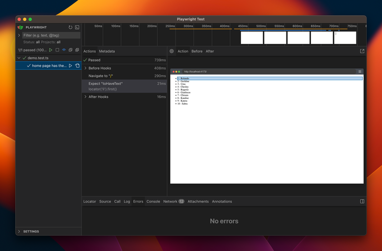 UI for Playwright showing a passing test